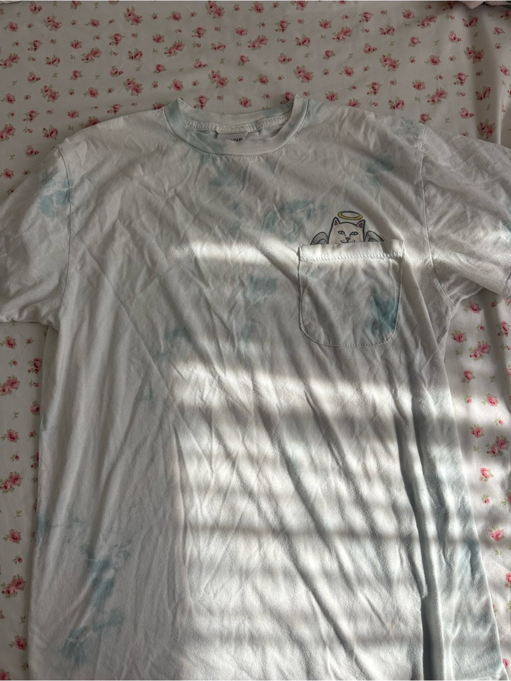 Ripndip White Tee with Light Blue Tie-Dye and Angel Cat Pocket Graphic